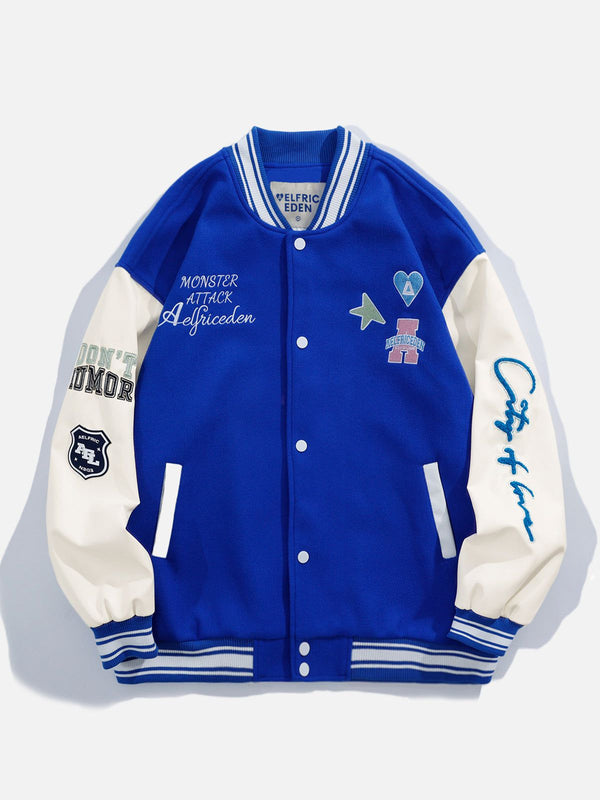 Off-White Eagle Blue and Green Varsity Jacket with Leather Sleeves -  Jackets Masters