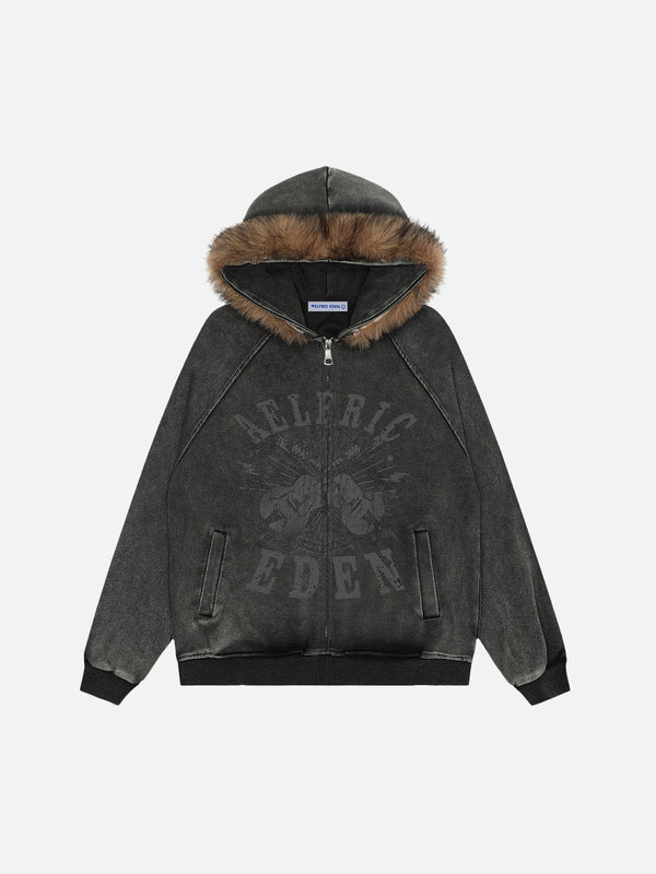 Aelfric Eden Washed Print Zip Up Hoodie